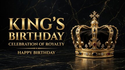 King's Birthday celebration of royalty greeting, golden crown on black marble background, elegant happy birthday card for men