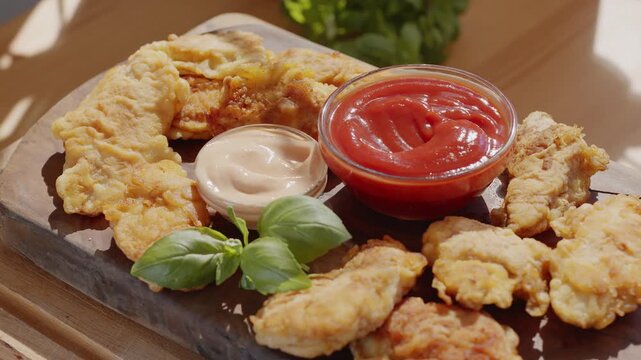 Crunchy chicken nugget (strip) into a bowl of bright red ketchup slowly turns clockwise. The vibrant colors and delicious texture make it a perfect shot for food-related projects and advertisements.