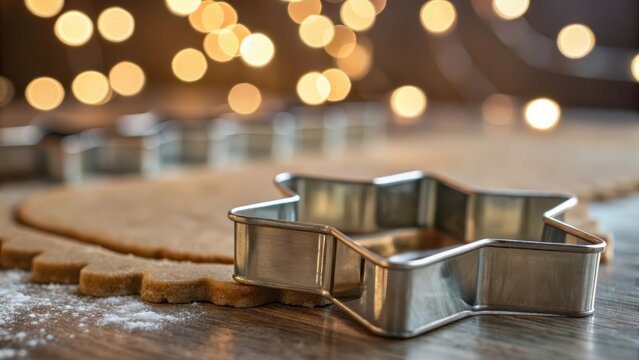 Star shaped cookie cutter on dough with festive bokeh lights