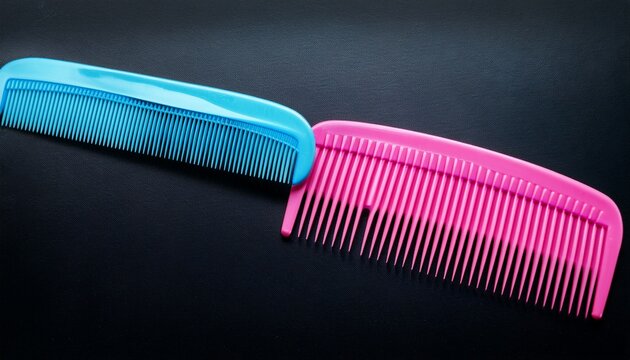 pink and blue plastic combs on black background
