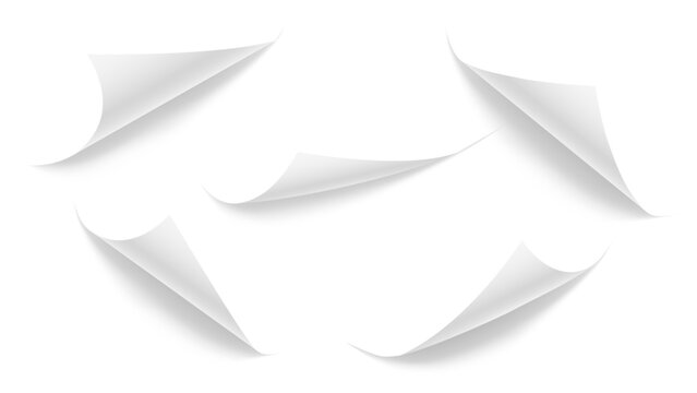 Realistic curled paper corners set, page curl effect with realistic shadow. Peel stickers, isolated vector on a transparent background.