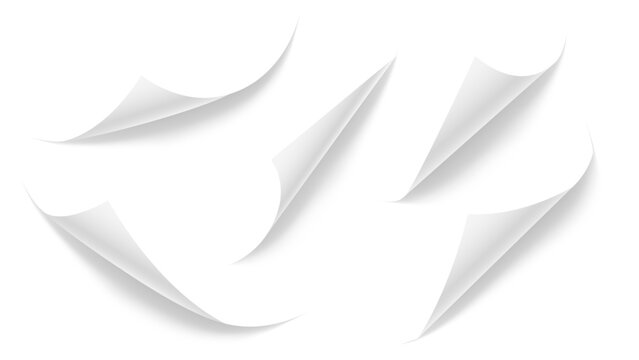 Realistic curled paper corners set, page curl effect with realistic shadow. Peel stickers, isolated vector on a transparent background.
