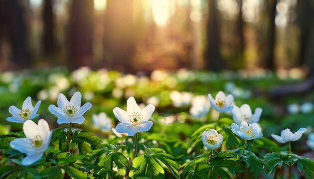 beautiful white flowers of anemones in spring in a forest close up in sunlight in nature spring forest landscape with flowering primroses