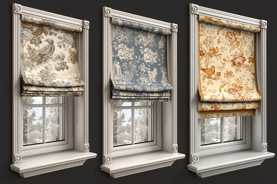 White window frames with roman shades blinds in cream taupe slate blue and amber toile floral bird fabric patterns isolated black background. 