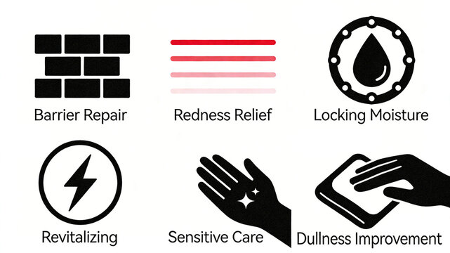 Brick walls, color bars, water droplets and other icons represent the skincare effects of barrier repair, red fading and water locking, revitalizing sensitive skin and improving dullness.
