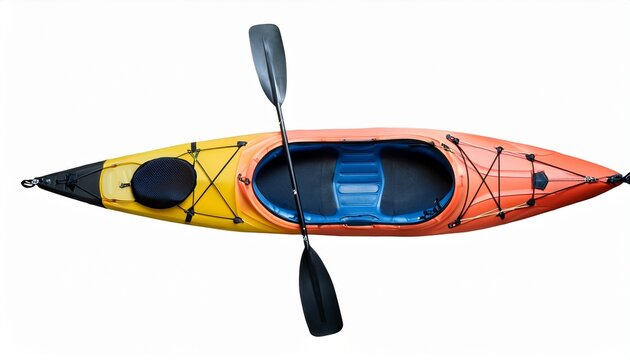 top view of plastic whitewater kayak with a paddle isolated on white background