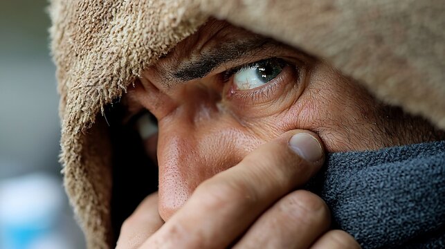 Intense Gaze Mans Blue Eye Peering from Textured Hood Hand Holding Fabric.