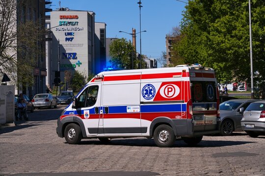 LODZ, POLAND - MAY 2, 2026: Ambulance of Panstwowe Ratownictwo Medyczne in Lodz, Poland. PRM stands for Emergency Medical Services, part of national healthcare.