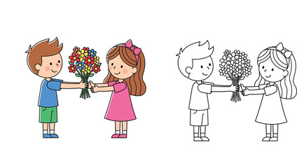 Cute cartoon little boy giving a bouquet of flowers to a happy girl. Colorful illustration and black and white line art outline for coloring book page design. Vector concept of friendship.