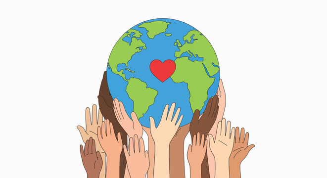 Illustration of diverse hands reaching up to a globe with a red heart symbol on it against a clean white background.