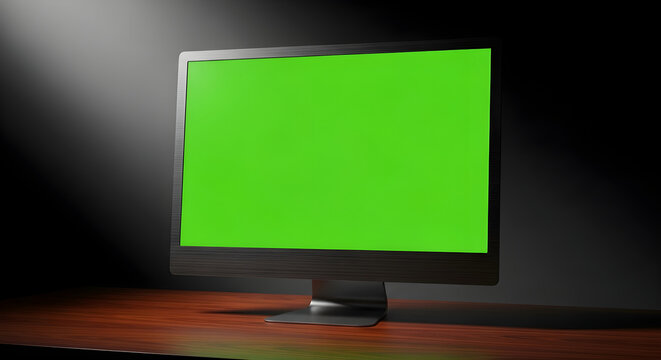 Realistic high-resolution computer monitor with a vibrant green screen, perfect for digital art and video editing projects