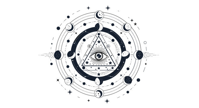 Mystical occult symbol featuring an all-seeing eye within a triangle surrounded by moon phases and complex geometric lines.