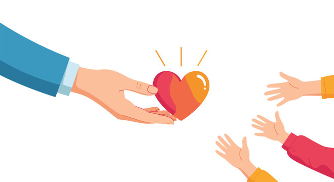 Supportive large hand offers a glowing heart symbol to several smaller hands reaching up to represent charity, help, and community care.