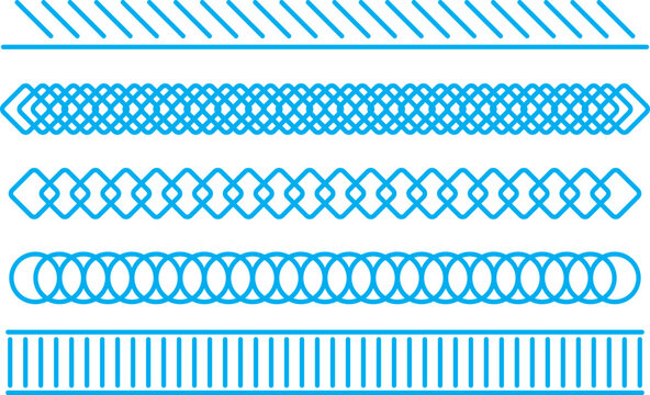 Vertical seamless stitches. Black embroidery zigzag, line and fringe border stitch patterns for textile design, sewing elements. Vector isolated set. Collection of decorative geometric line borders an