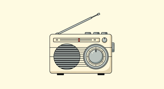 Classic retro style transistor radio with an antenna and analog tuning dial depicted in a clean flat vector illustration on a plain background.