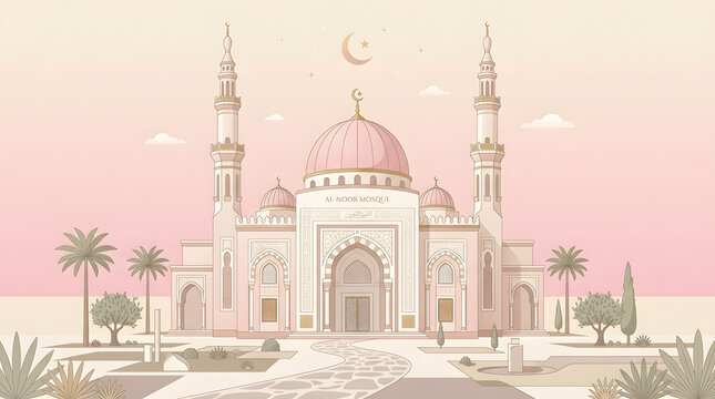 Al noor mosque architectural drawing in elegant cream and pink vector art style.