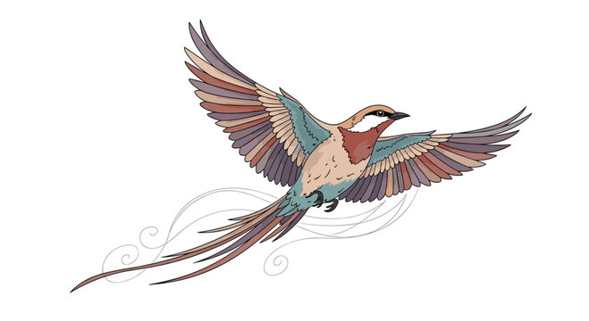 Beautiful long-tailed bird with vibrant colorful plumage in full flight with artistic wind swirls trailing behind its elegant tail feathers.