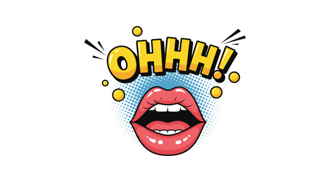 Pop art style open mouth with bright red lips and white teeth saying OHHH with a halftone dot background for expressive comic book design.