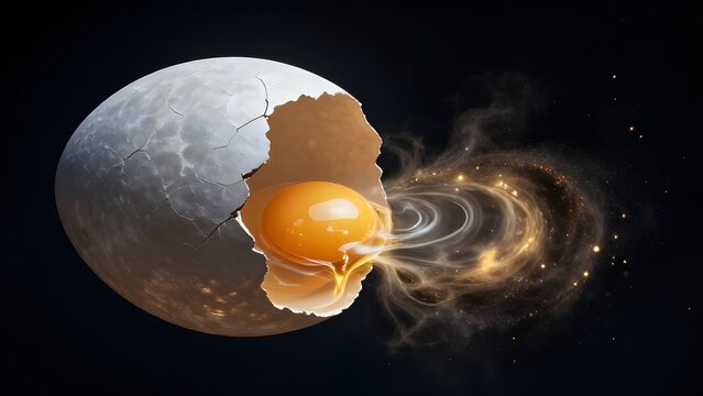 A moon shattering like an eggshell revealing a glowing core in space
