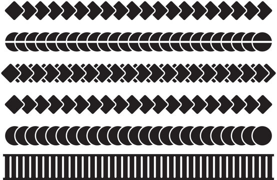 Vertical seamless stitches. Black embroidery zigzag, line and fringe border stitch patterns for textile design, sewing elements. Vector isolated set. Collection of decorative geometric line borders an