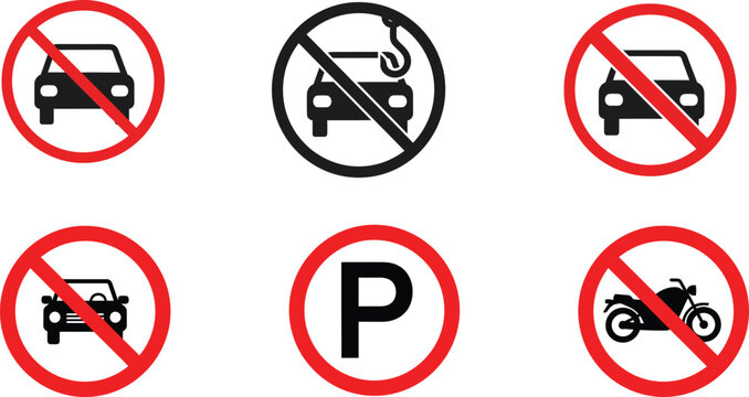 Set of traffic signs prohibiting vehicles parking idling for road safety prohibition