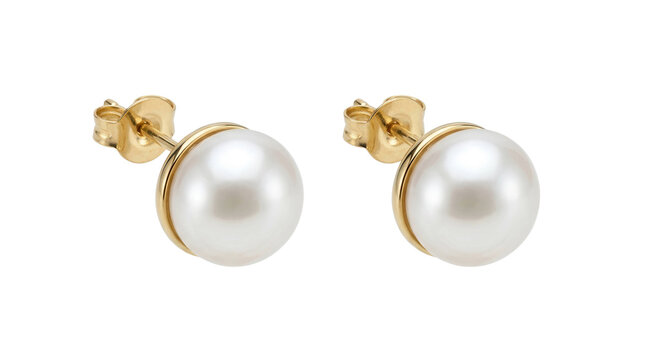 Pair of elegant white pearl and gold stud earrings, cut out, stock png, isolated on transparent background