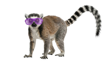 Fototapeta premium Lemur wearing funny purple shutter shade glasses standing, cut out, stock png, isolated on transparent background