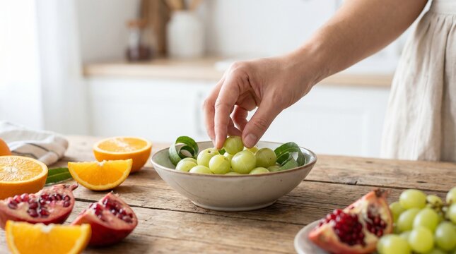 Fresh Amla Fruit Bowl with Pomegranate and Orange, Healthy Detox Superfood, Indian Gooseberry Nutrition, Organic Clean Eating and Wellness Lifestyle Food Scene