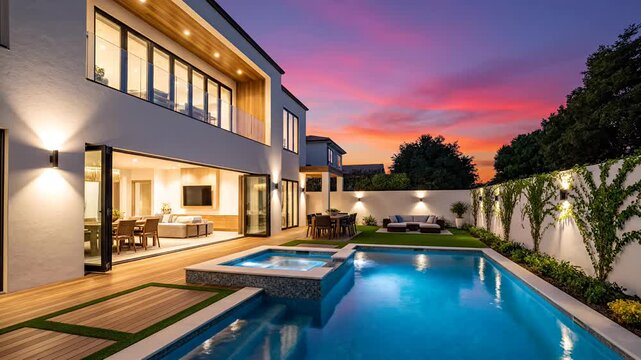 Modern luxury house with swimming pool and backyard at sunset
