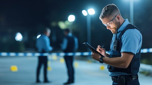 Police officer uses tablet to document cordoned crime scene at night while colleagues work in the background.
