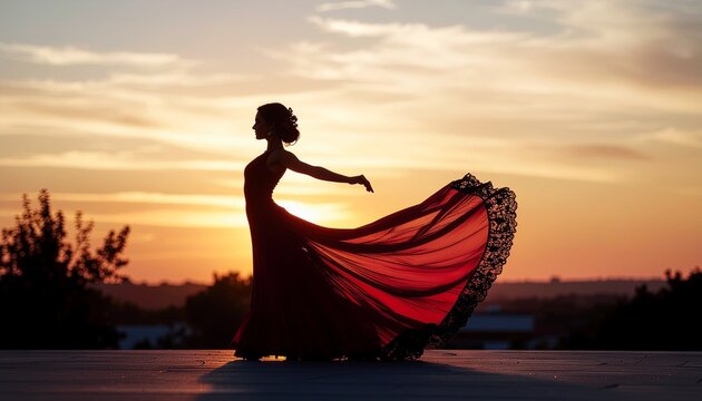Silueta de bailadora de flamenco con vestido fluido, fondo limpio, espacio para texto, estilo moderno de marca, tonos c&aacute;lidos