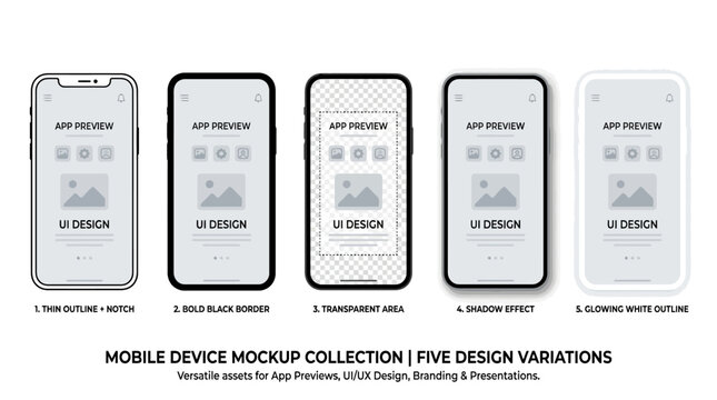 Smartphone frame outlines vector collection featuring modern bezel designs, editable mockup templates, UI elements, mobile device silhouettes for product visualization, branding, and marketplace optim