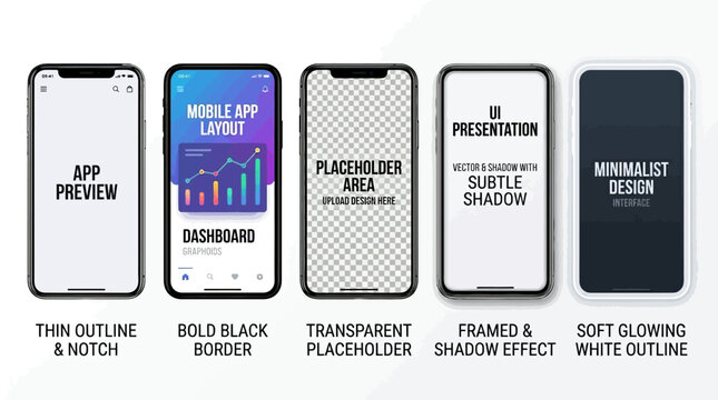 Smartphone frame outlines vector collection featuring modern bezel designs, editable mockup templates, UI elements, mobile device silhouettes for product visualization, branding, and marketplace optim