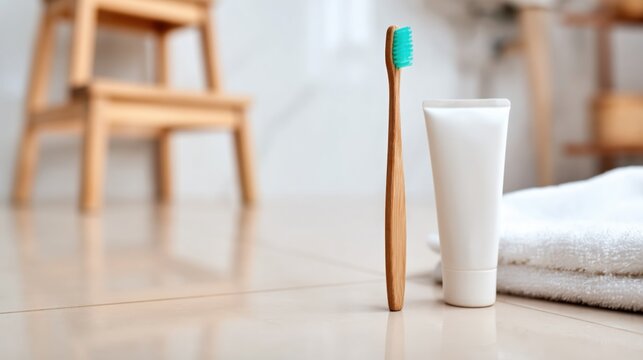 Eco-friendly bamboo toothbrush and white toothpaste tube on bathroom tile with towel, minimalist oral care concept and copy space.