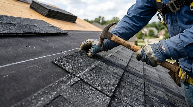 Professional Roofer Installing New Asphalt Shingles on a House Roof with a Hammer, Showcasing Home Construction and Renovation