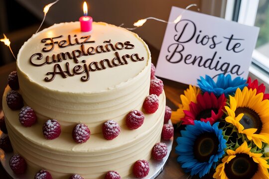 A festive birthday cake decorated with raspberries and Feliz Cumplea&Atilde;&plusmn;os Alejandra next to colorful sunflowers