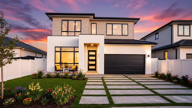 Modern two story house with garden at vibrant sunset