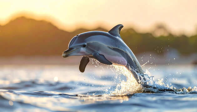 Jumping dolphin in ocean at sunset