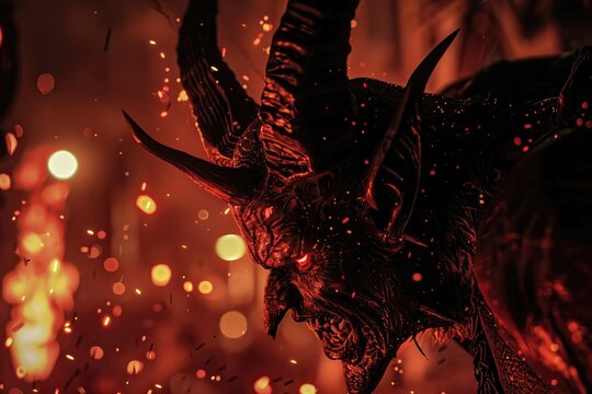 Sinister devil is in hell with dramatic bright fire lighting