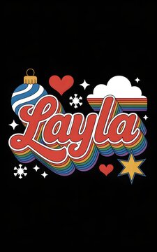 A cheerful Layla name illustration with vibrant rainbow colors and festive holiday ornaments on a dark background