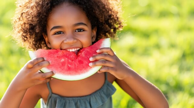 Smiling girl eating a fresh watermelon slice in a sunny park.