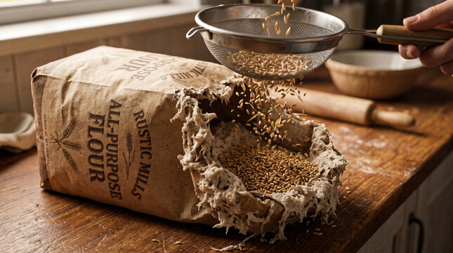 Baker sifting grains into a rustic paper flour bag on a wooden table