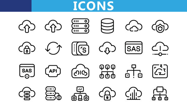 Modern collection of technology and cloud storage icons isolated on transparent background