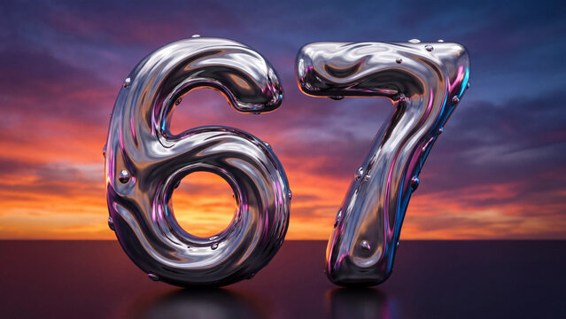 Number 67 in chrome metallic style set against a vivid purple sunset