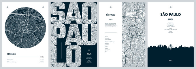 Naklejka premium Set of travel posters design with street plan Sao Paulo, capital city in Brazil, South America, Silhouette city skyline, vector artwork, Monochrome printable detailed urban city map