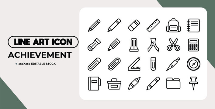 Modern line art icon set showcasing achievement and school supplies collection