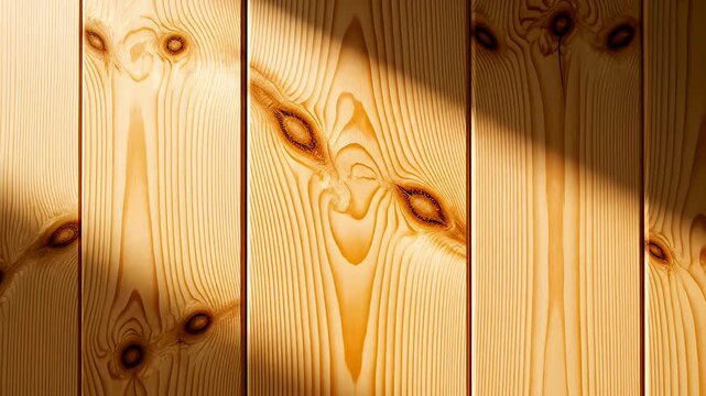 Natural pine wood texture with knots and golden sunlight