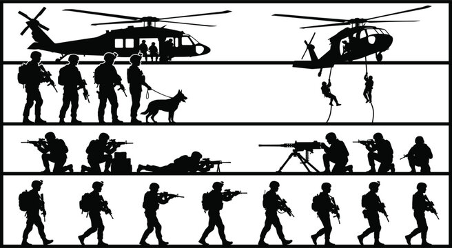 Black silhouette illustration of helicopters, soldiers, rappelling, combat positions, and advancing troops representing tactical military mission activities