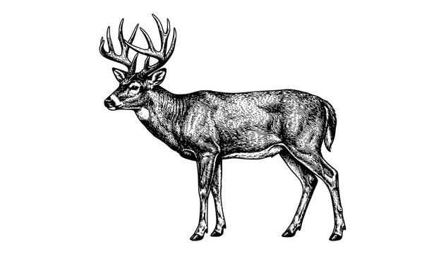 Whitetail deer buck detailed ink illustration black and white wildlife vector isolated on white background