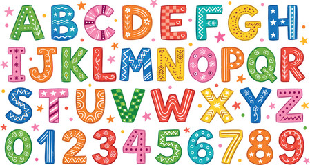 Alphabet and Numbers Illustration Featuring Decorative Letters and Digits in Colorful Vector Artwork © Ibrahim